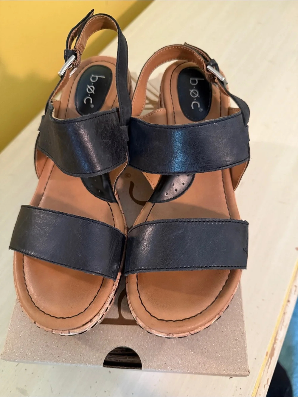 b.o.c. Black Leather Cork Wedge Sandals
